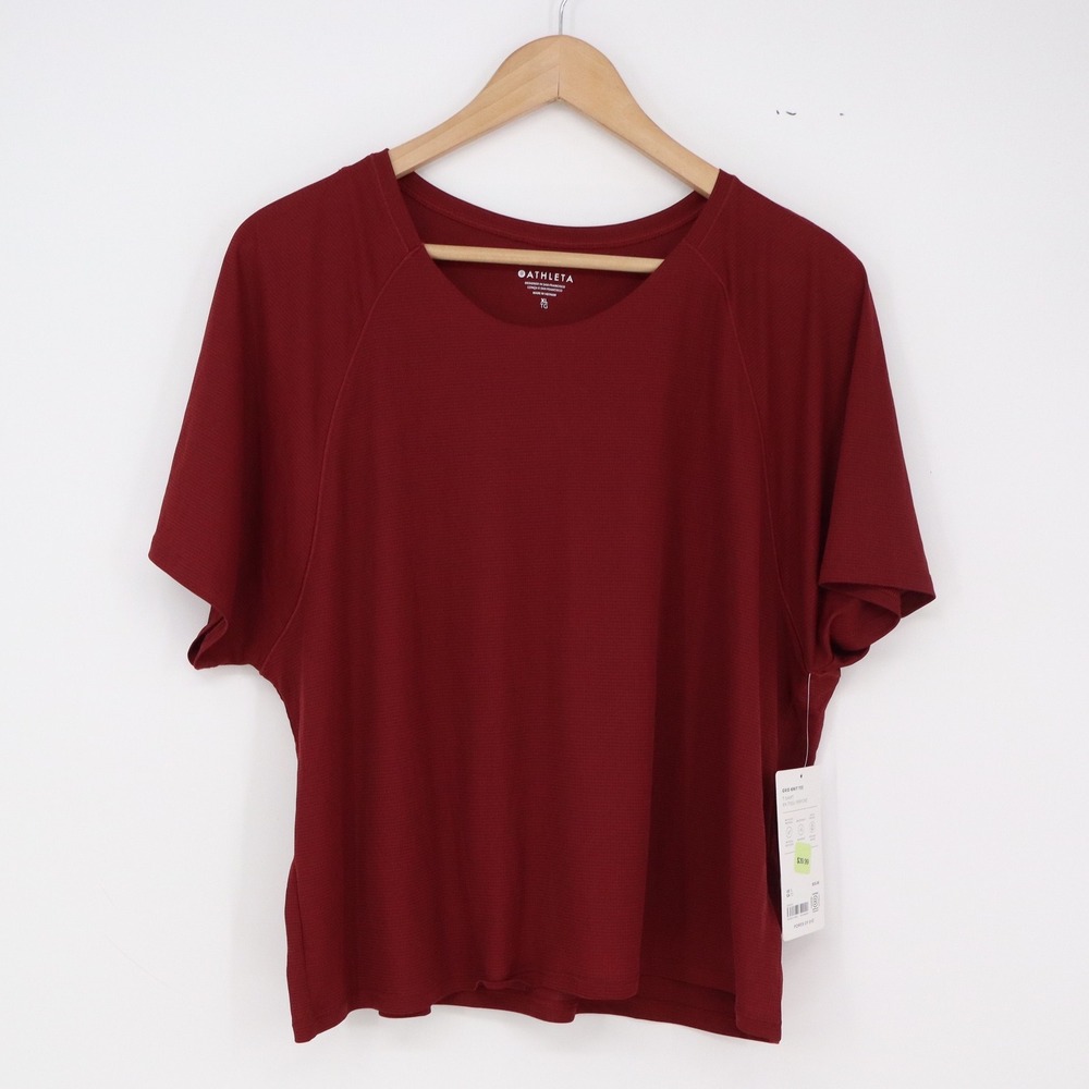 Athleta T-Shirt Womens XL Grid Knit Tee Burgundy Short Sleeve New